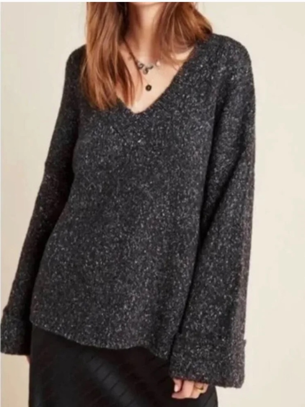 Anthropologie | Women’s Black/White Heathered Maggie V-Neck Oversized Sweater S